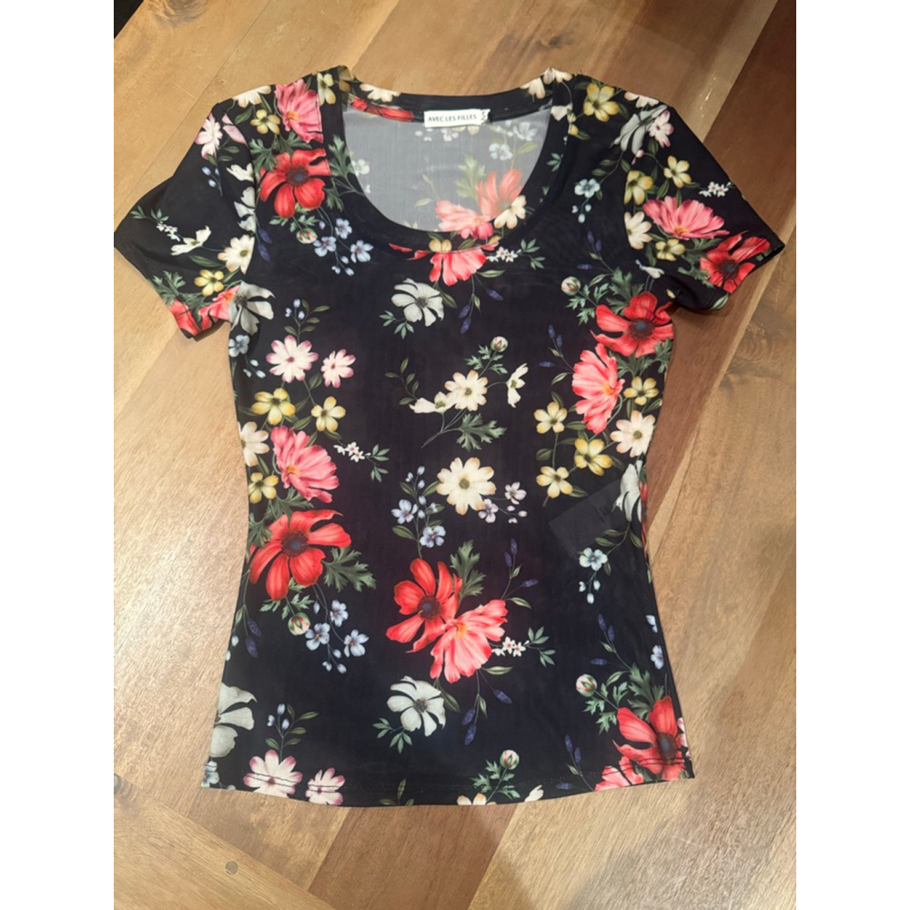 AVEC LES FILLES Black Floral Short Sleeve Tee XS